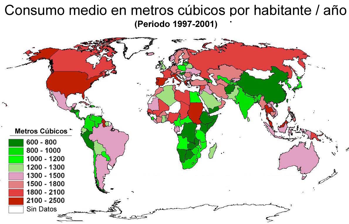 Distribuci�n de consumos de agua en metros c�bicos por habitante y a�o